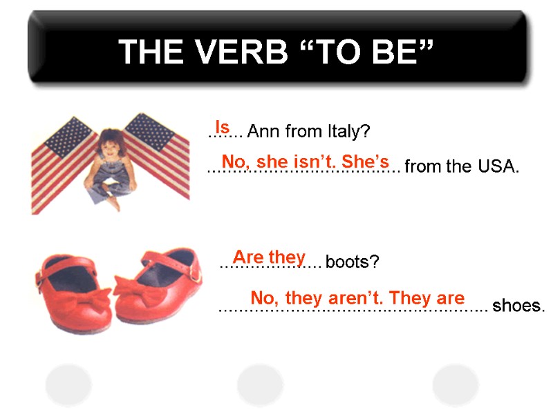 THE VERB “TO BE” ....... Ann from Italy? ...................................... from the USA. Is No,